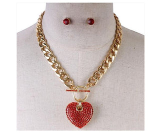 HEART PENDANT CHUNKY CHAIN LINK NECKLACE W/EARRINGS - Icy Palace